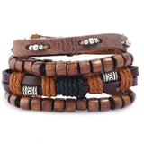 Vintage Men's Leather Bracelet Wood Stone Beads Charm Multilayer Braided