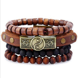 Vintage Men's Leather Bracelet Wood Stone Beads Charm Multilayer Braided