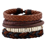 Vintage Men's Leather Bracelet Wood Stone Beads Charm Multilayer Braided