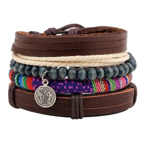 Natural Stone Men Bracelet Multi-layer Weaved Punk Leather Rope Chain Bangle