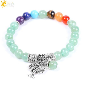 CSJA Green Aventurine 7 Chakra Yoga Bracelet Healing Tree Jewelry F127