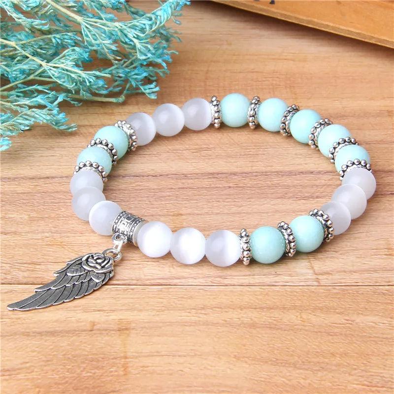 Angel Wing Charm Bracelet Natural Beads Bangle Friendship Jewelry