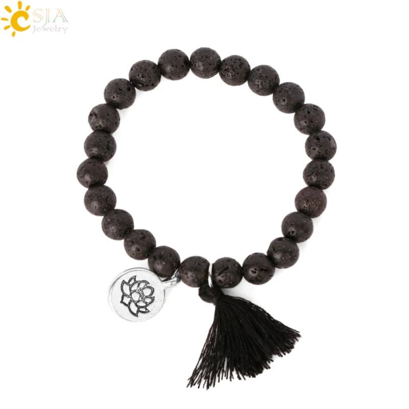 CSJA Natural Stone Bracelet Yoga Healing Beads Boho Tassel Jewelry G834