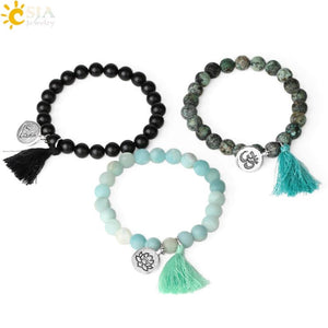 CSJA Natural Stone Bracelet Yoga Healing Beads Boho Tassel Jewelry G834