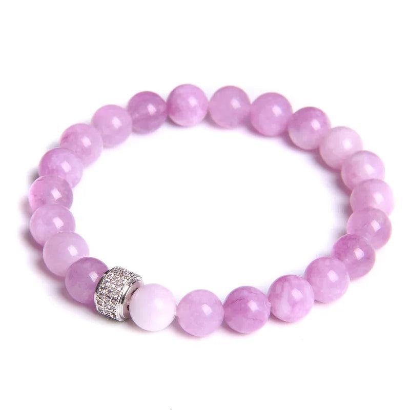 Natural Kunsite Beads Bracelet with CZ Ball Charm Bangle for Women