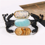 Natural Stone Charm Bracelet Quartz Crystal Cuff Leather Chain Bangle