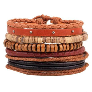 Vintage Tribal Wood Beads Bracelet Boho Men Leather Wrist Band