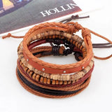 Vintage Tribal Wood Beads Bracelet Boho Men Leather Wrist Band