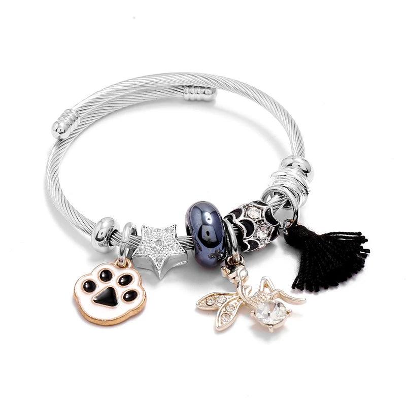 Stainless Steel Women's Bracelets Cuff Bangles Footprint Angle Tassel Charms