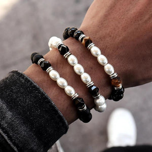 Double Tube Charm Men Bracelet 8mm Tiger Eye Stone Bead Men's Gift
