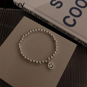 Silver Smiling Face Beaded Bracelet Bangle for Women