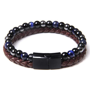 Mens Beaded Leather Bracelet Tiger Eye Stone Magnetic Clasp