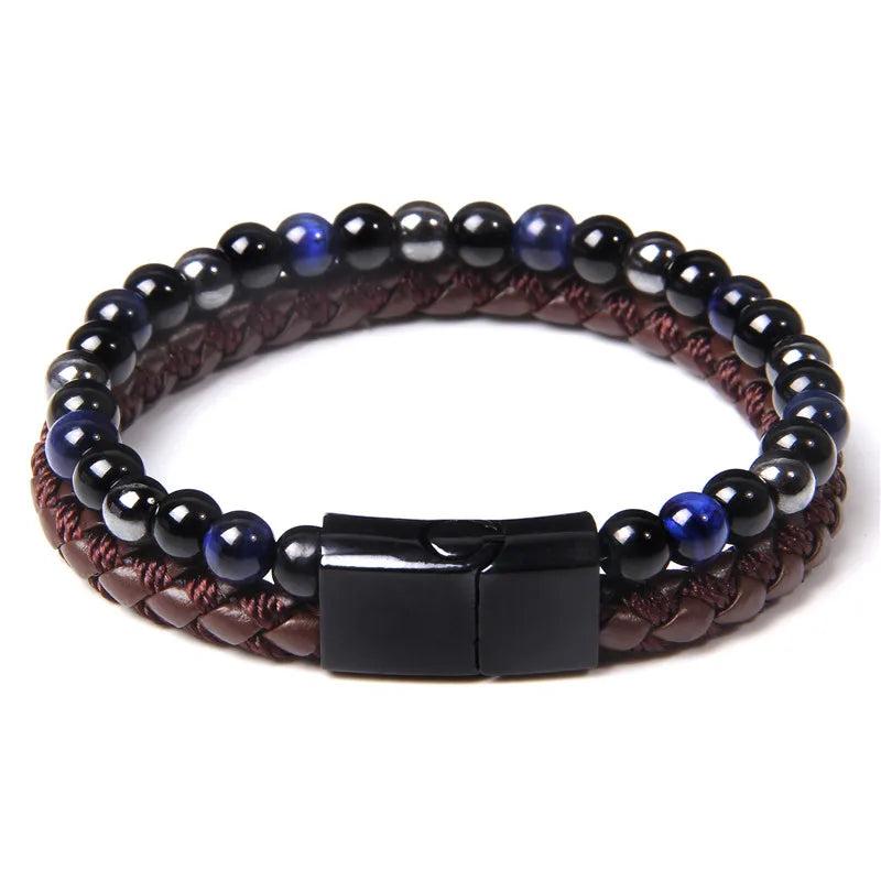 Mens Beaded Leather Bracelet Tiger Eye Stone Magnetic Clasp