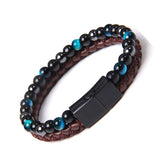 Mens Beaded Leather Bracelet Tiger Eye Stone Magnetic Clasp