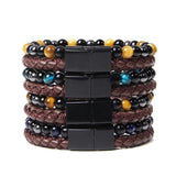 Mens Beaded Leather Bracelet Tiger Eye Stone Magnetic Clasp