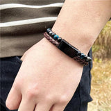 Mens Beaded Leather Bracelet Tiger Eye Stone Magnetic Clasp