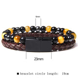 Mens Beaded Leather Bracelet Tiger Eye Stone Magnetic Clasp