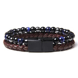 Mens Beaded Leather Bracelet Tiger Eye Stone Magnetic Clasp