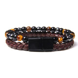 Mens Beaded Leather Bracelet Tiger Eye Stone Magnetic Clasp