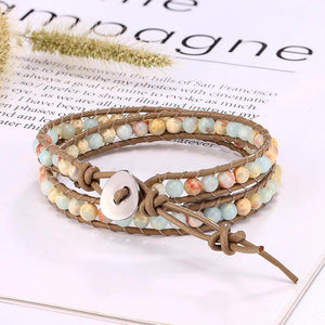 Tiger Eye Stone Leather Bracelet Natural Stone 2 Loop Wrapped