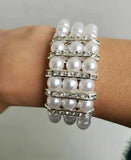 Three Rows White Glass Pearl Beads Bracelet with Rhinestone Accessory