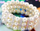 Three Rows White Glass Pearl Beads Bracelet with Rhinestone Accessory