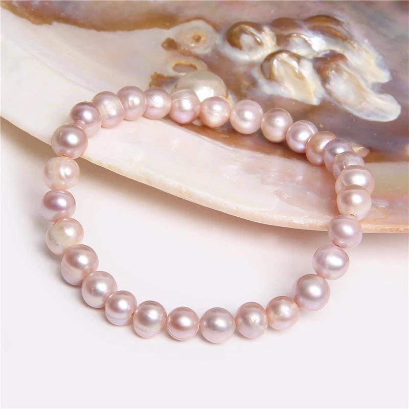 Rainbow Natural 7-8MM Pearl Bracelet Elastic Beaded Chain for Women Men