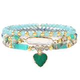 3pcs Heart Charm Crystal Beaded Bracelet Set for Women Men
