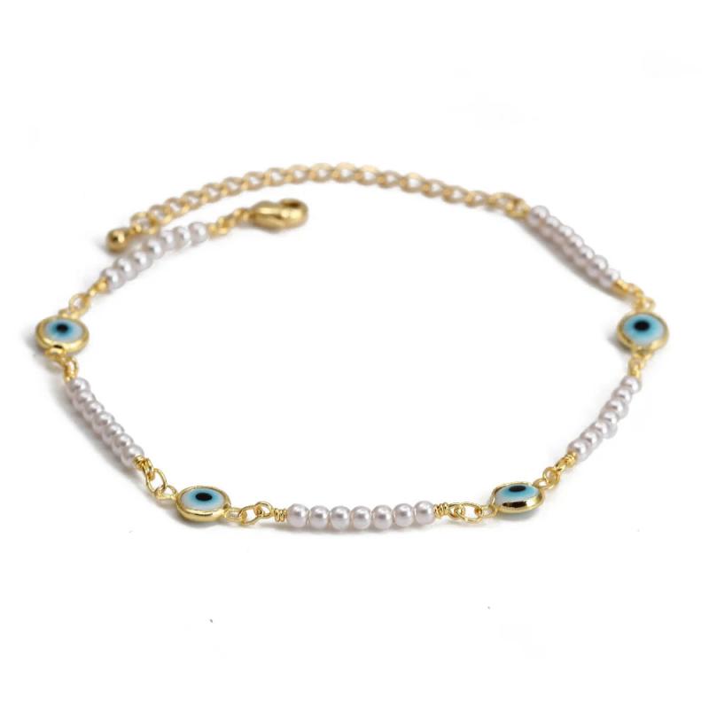 Adjustable Simulated Pearl Beaded Bracelet Evil Eye Charm Bracelet