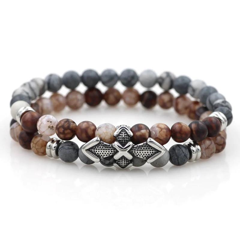 Red Tiger Eye Bead Bracelet with Stainless Steel Cross Charms