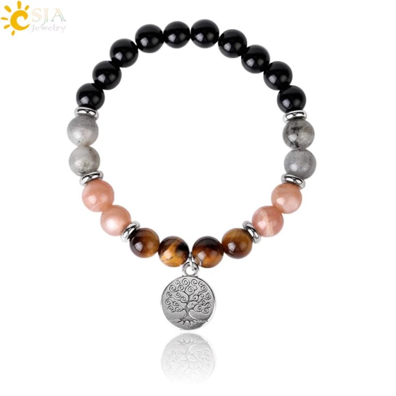 CSJA Tree of Life Charms Bracelet Tiger Eye Labradorite Stress Healing