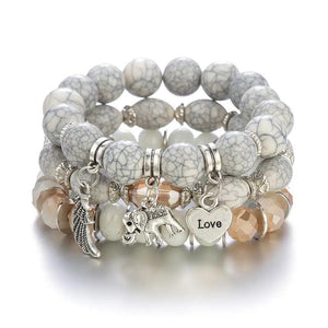 Boho Elephant Beaded Bracelet Set Wing Heart Charm Marble Stone Bangle Jewelry