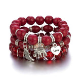 Boho Elephant Beaded Bracelet Set Wing Heart Charm Marble Stone Bangle Jewelry