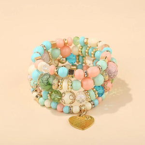 Boho Ethnic Heart Beaded Bracelet Set Crystal Beads Chain Bangle
