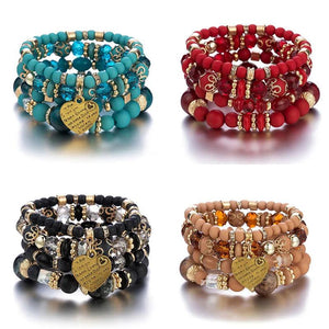Boho Ethnic Heart Beaded Bracelet Set Crystal Beads Chain Bangle