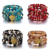 Boho Ethnic Heart Beaded Bracelet Set Crystal Beads Chain Bangle