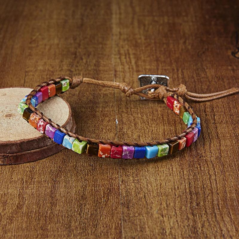 Boho Chakra Bracelet Multicolor Stone Beads Leather Wrap