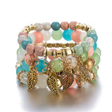 4Pcs Stone Beads Bracelets Set Retro Leaves Charm Beaded Chain Bangle Boho