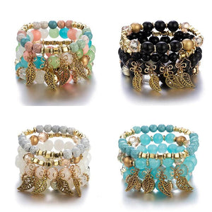 4Pcs Stone Beads Bracelets Set Retro Leaves Charm Beaded Chain Bangle Boho