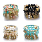 4Pcs Stone Beads Bracelets Set Retro Leaves Charm Beaded Chain Bangle Boho