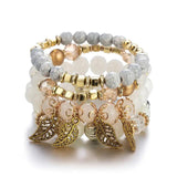 4Pcs Stone Beads Bracelets Set Retro Leaves Charm Beaded Chain Bangle Boho