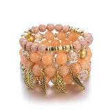 4Pcs Stone Beads Bracelets Set Retro Leaves Charm Beaded Chain Bangle Boho