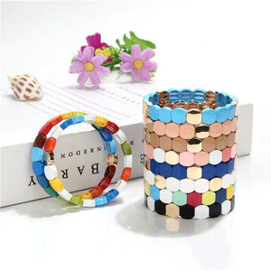 Enamel Stretch Bracelet Rainbow Tile Charm Jewelry