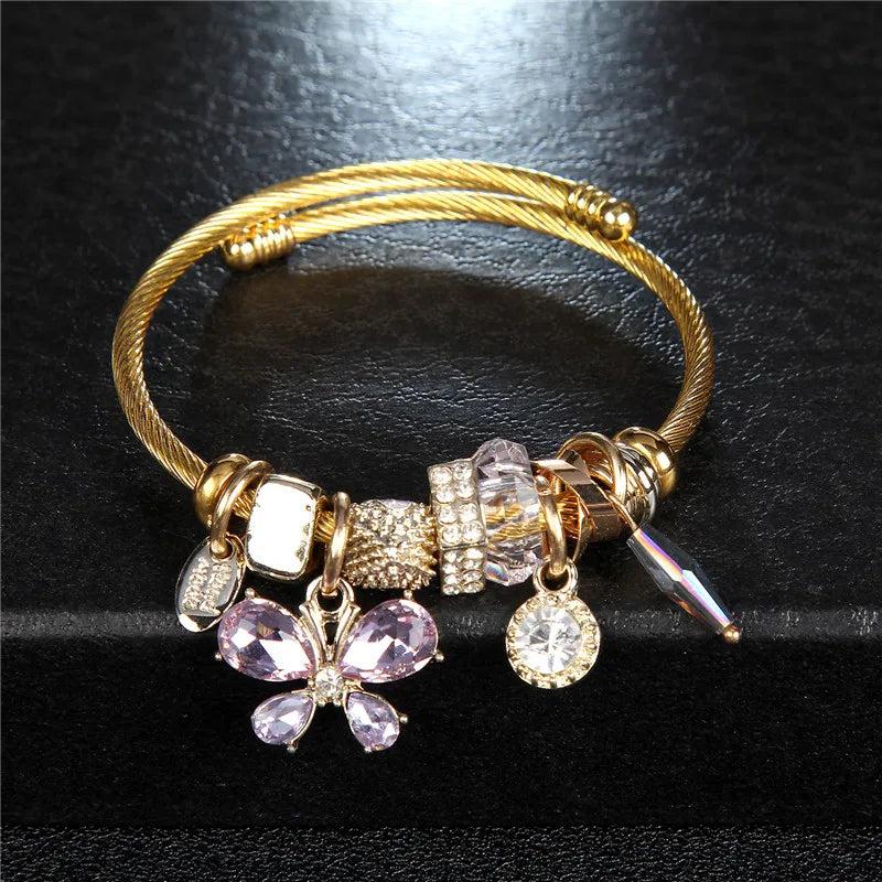 Stainless Steel Butterfly Charms Wire Cable Bracelet