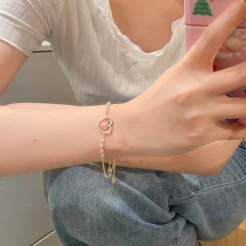 Pink Opal Peach Bracelet Pearl Beads Bangle Party Jewelry