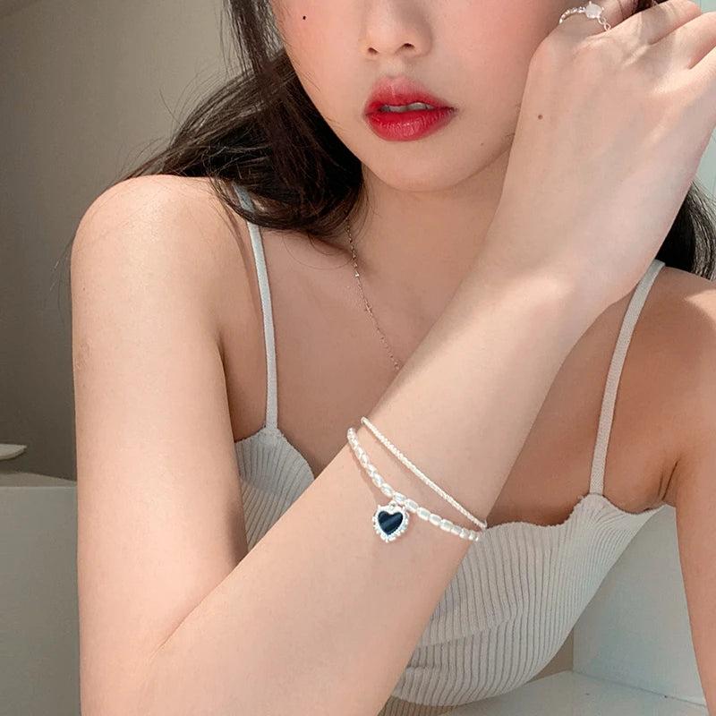 Pearl Beads Bracelet Double Heart Pendant Bangle