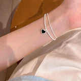 Pearl Beads Bracelet Double Heart Pendant Bangle