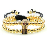 Micro Pave CZ Skull Crown Braided Bracelet Set