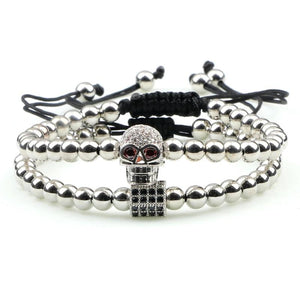 Micro Pave CZ Skull Crown Braided Bracelet Set