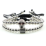 Micro Pave CZ Skull Crown Braided Bracelet Set